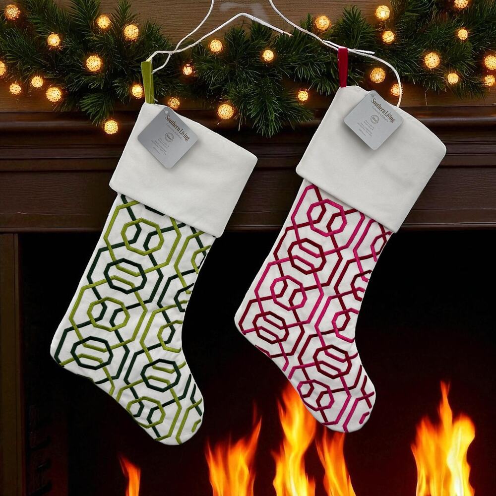 Southern Living Christmas stockings geometric holiday green pink 19"x10" set NEW